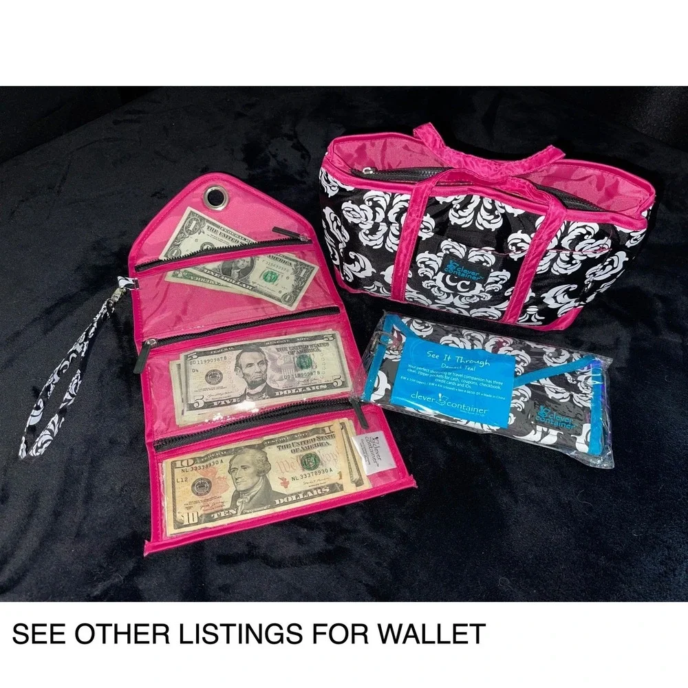 Compact Dual Handled Zippered Accessory‎ Purse Organizer - Damask w/ Pink